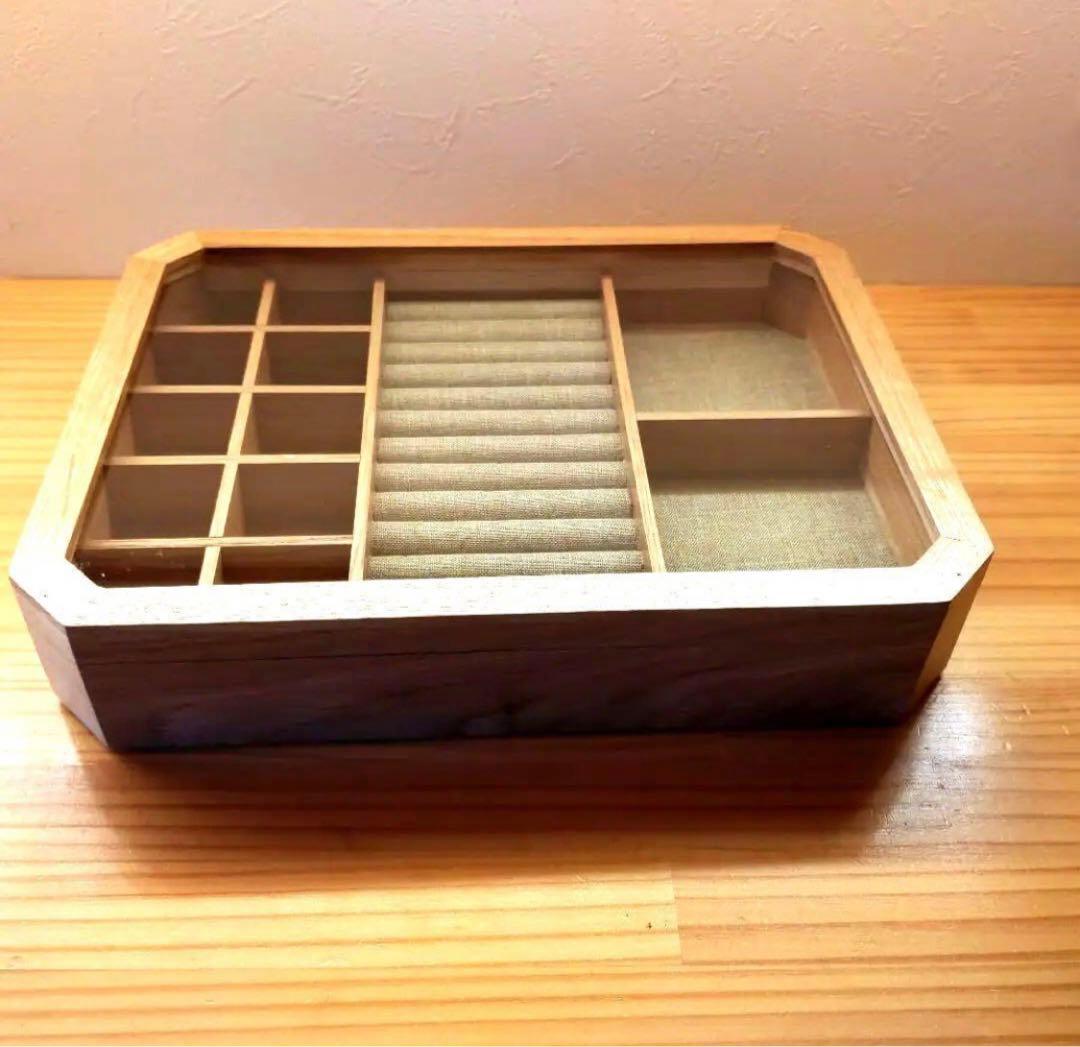 木製アクセサリー収納ケース ガラスフタ付き　ウッドジュエリーボックス