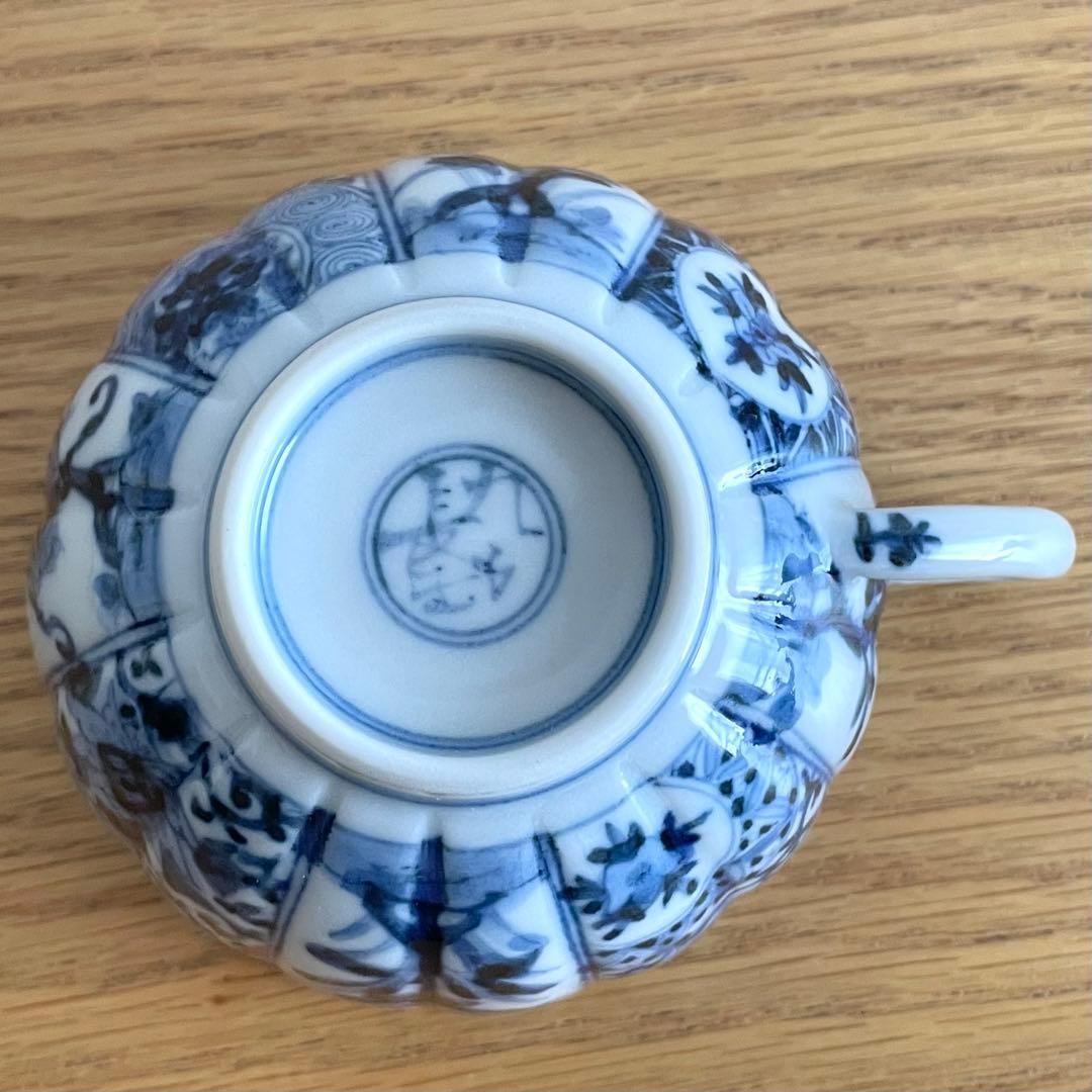 山本長左 藍九谷 菊型珈琲碗皿 樹花文 カップ＆ソーサー 染付 宮内庁御用達