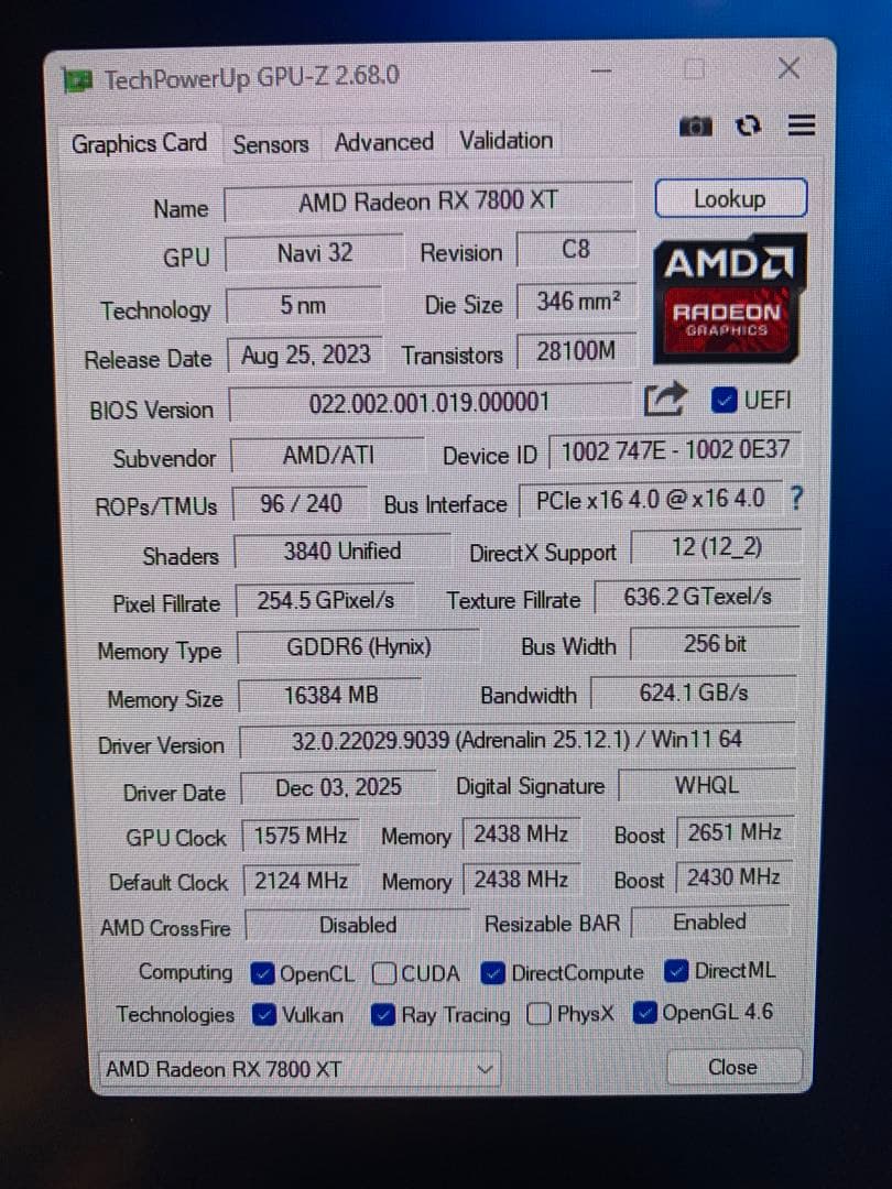 グラフィックボード・グラボ・ビデオカード Sapphire AMD Radeon RX 7800 XT 16GB