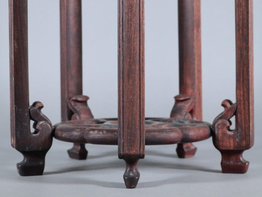 【木】　★ 家具 黄花梨減地彫如意雲圓幾 ★　清朝期　天然木 彫刻文様　明清家具