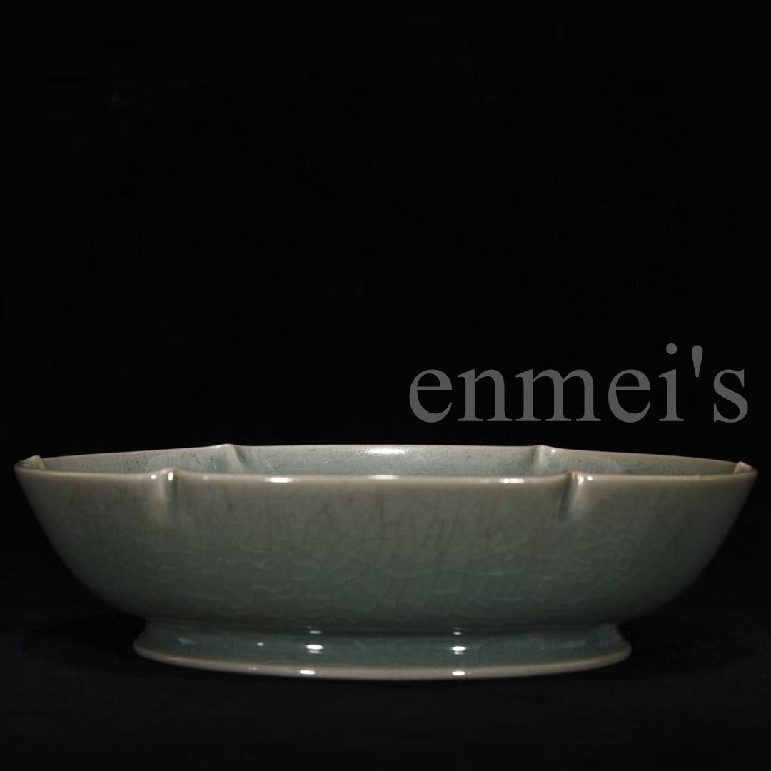 中国古美術・宋汝窯風螺鈿龍紋葵口中皿・陶器・置物・書道・茶道具・文房具・風水置物