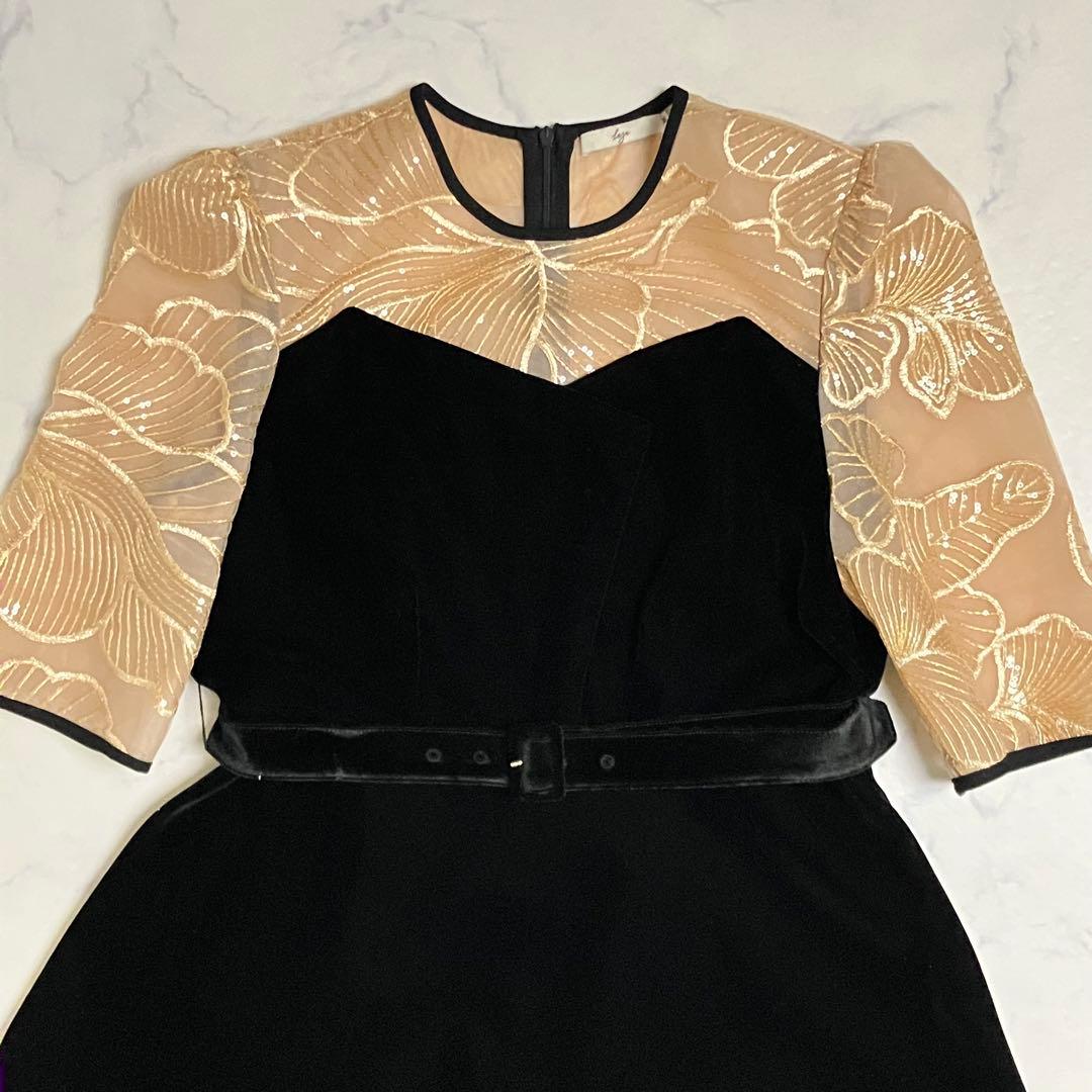 LEJA ビスチェ風 ウエストベルト付 花柄レースキラキラ刺繍 ドレスワンピース