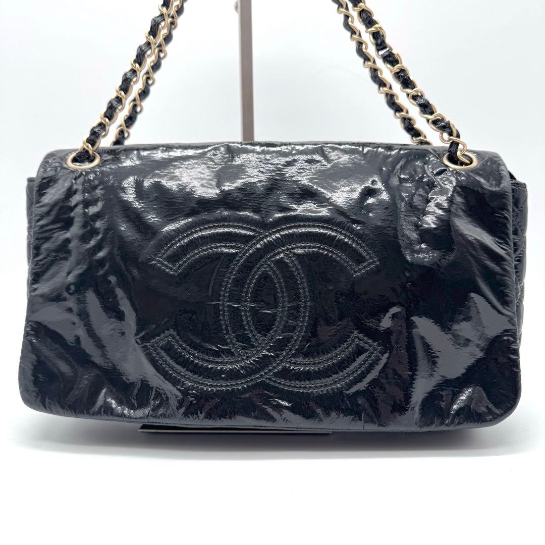極美品 シャネル デカココ チェーン ショルダーバッグ フラップ エナメル 黒