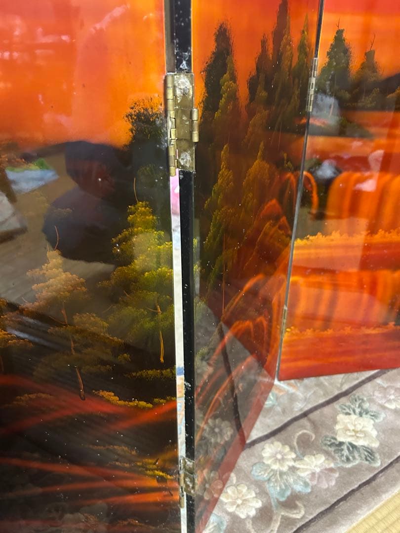 中国美術　螺鈿細工　衝立漆塗り　万馬奔騰図　令和8年干支