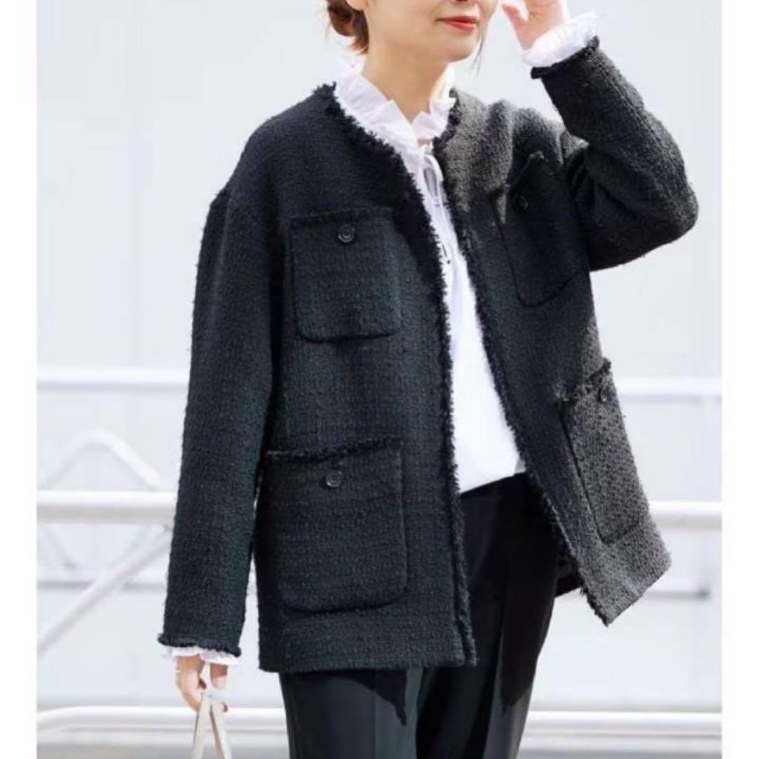 JOURNAL STANDARD ノーカラージャケット ツイード フリンジ 黒