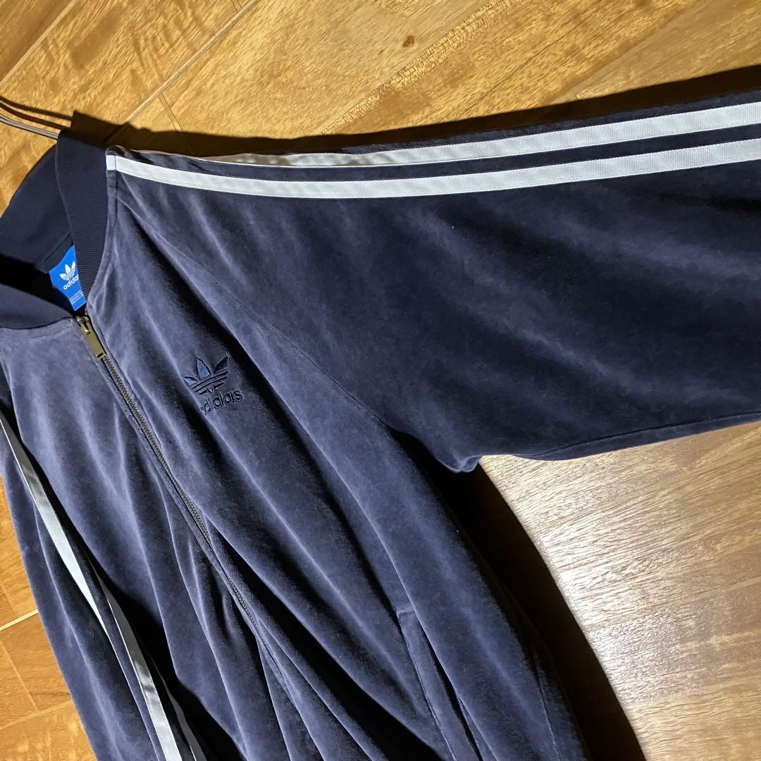 adidas ベロア　トラックジャケット　ジャージ　ネイビー　白　M〜L程