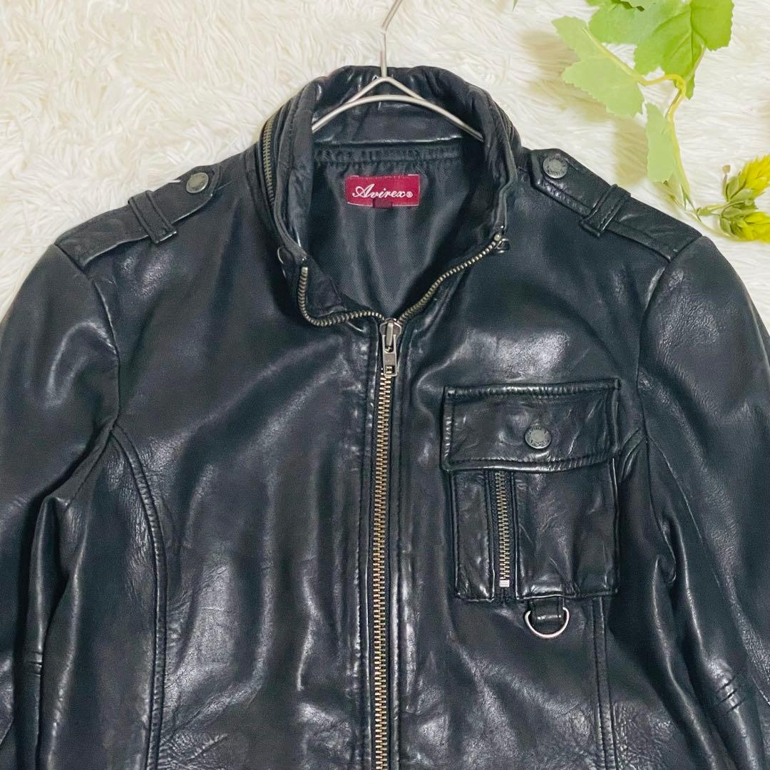 アヴィレックス　レザージャケット　シングルライダース　ラムレザー　ブラック