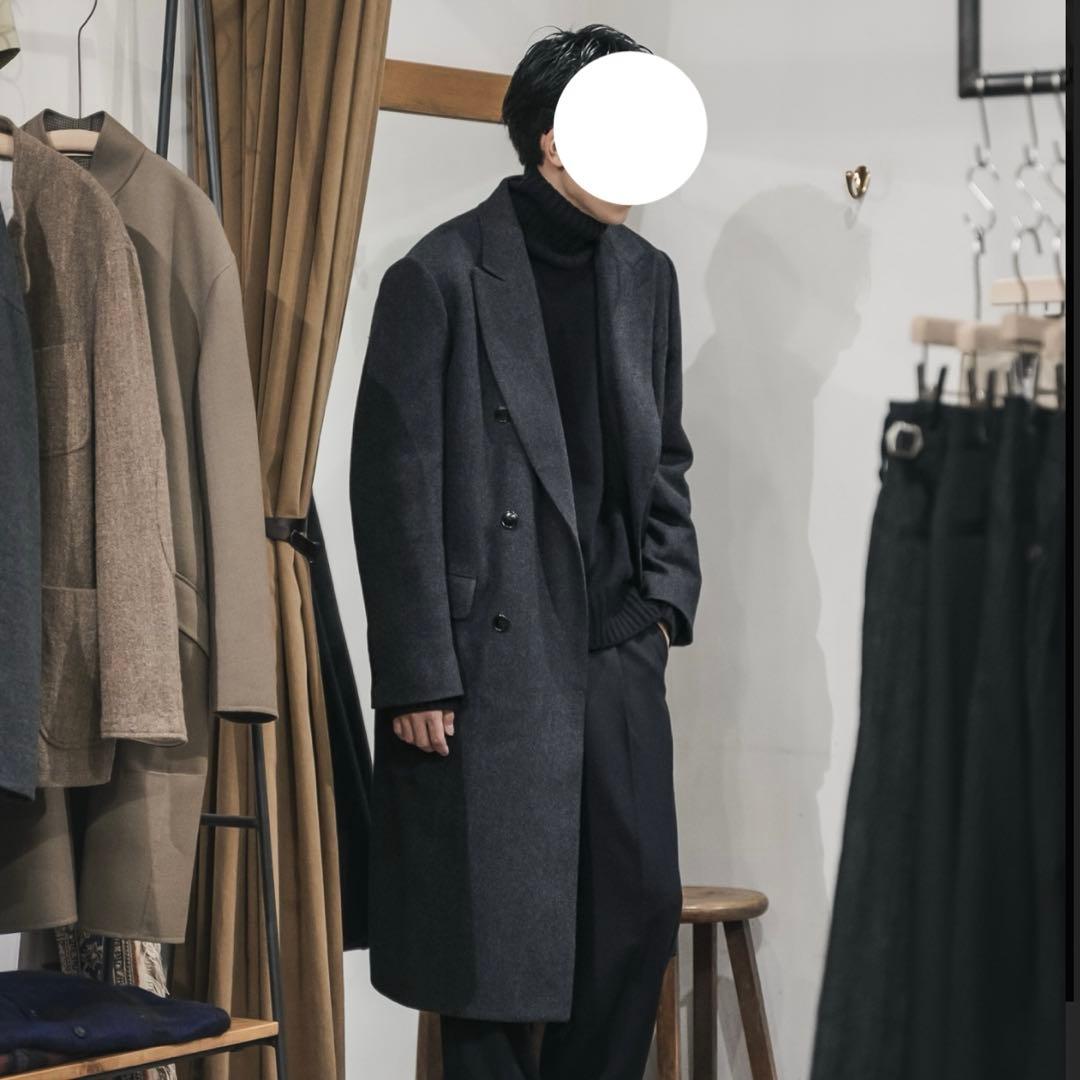 COMOLI、ウールヘリンボーンダブルチェスターコート、サイズ２