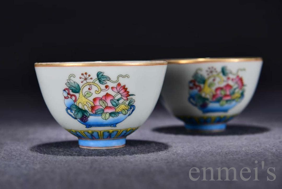 中国古美術・旧蔵・清乾隆粉彩多宝図杯セット・銘紋・唐物・茶碗・茶道具・古陶磁器
