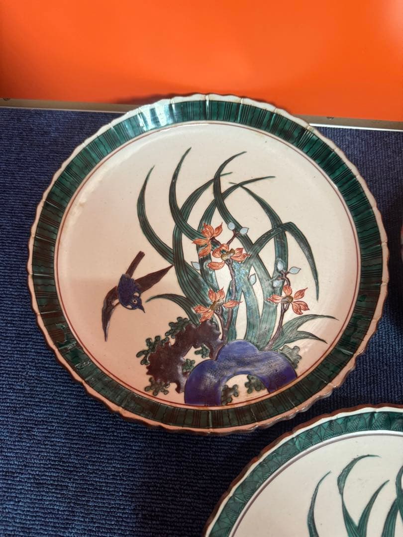 1832  古九谷焼　角福　花鳥皿　3客　25cm 時代物