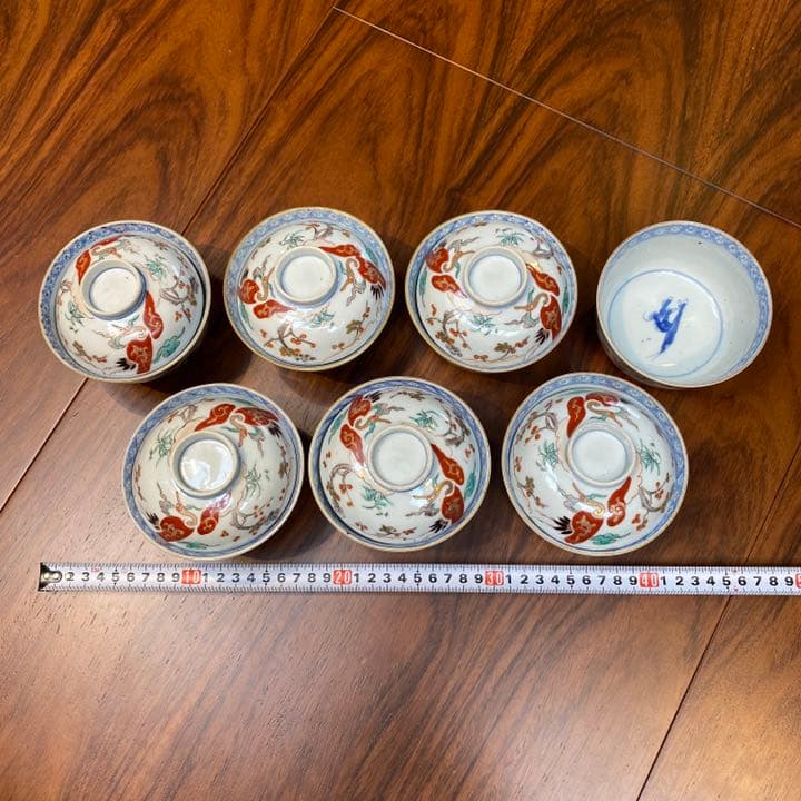 古伊万里　有田金彩上絵彩色飯茶碗蓋付き　 六客揃いと茶碗蓋無し一客