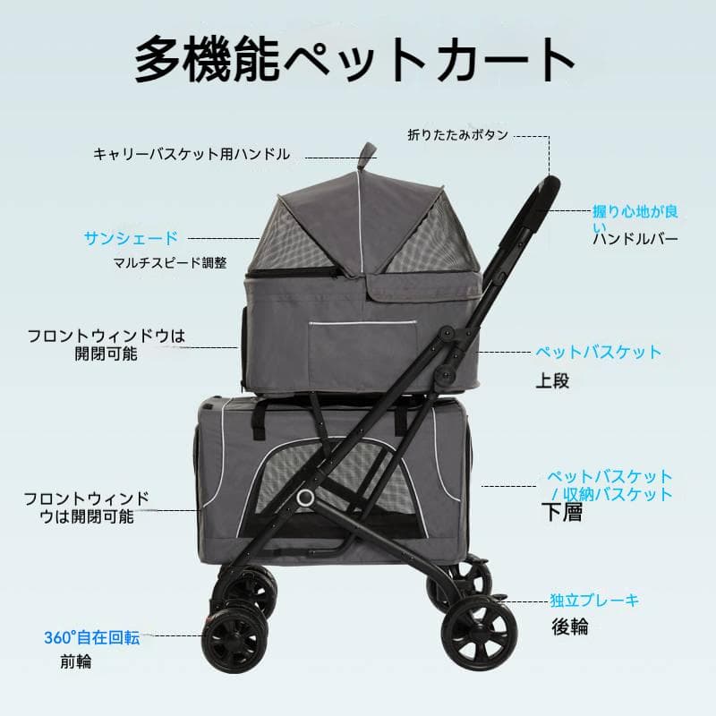ダブルキャリー搭載ワンタッチ三折ペットカート