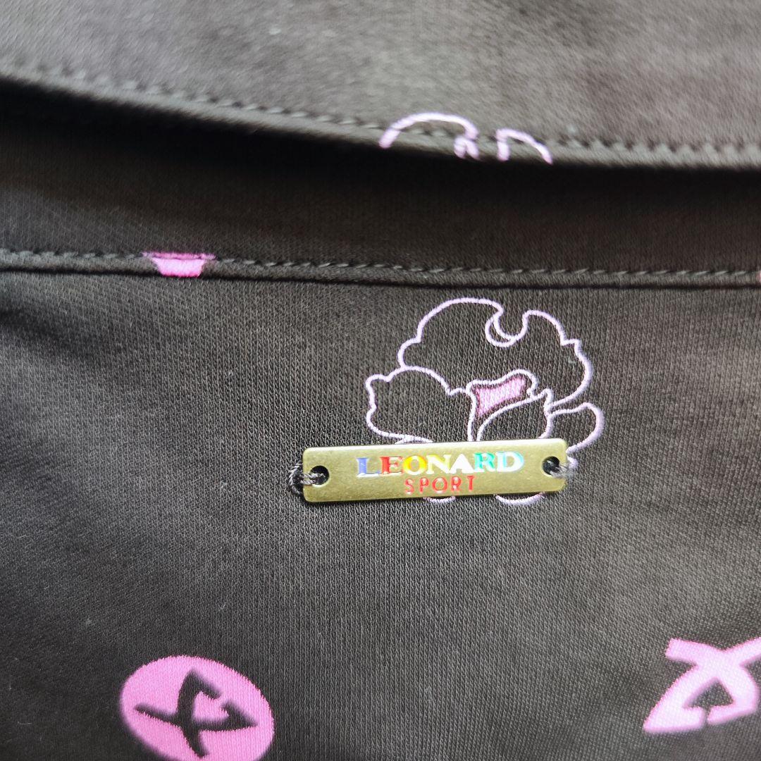 【未使用級】レオナール長袖コットンポロシャツ 総ロゴマーク花柄ブラウン42XL