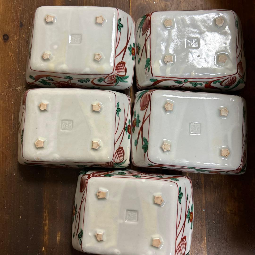 美濃焼　幸兵衛窯　五代 加藤幸兵衛造　金彩赤呉須　扇形向付　手びねり手描き　5個