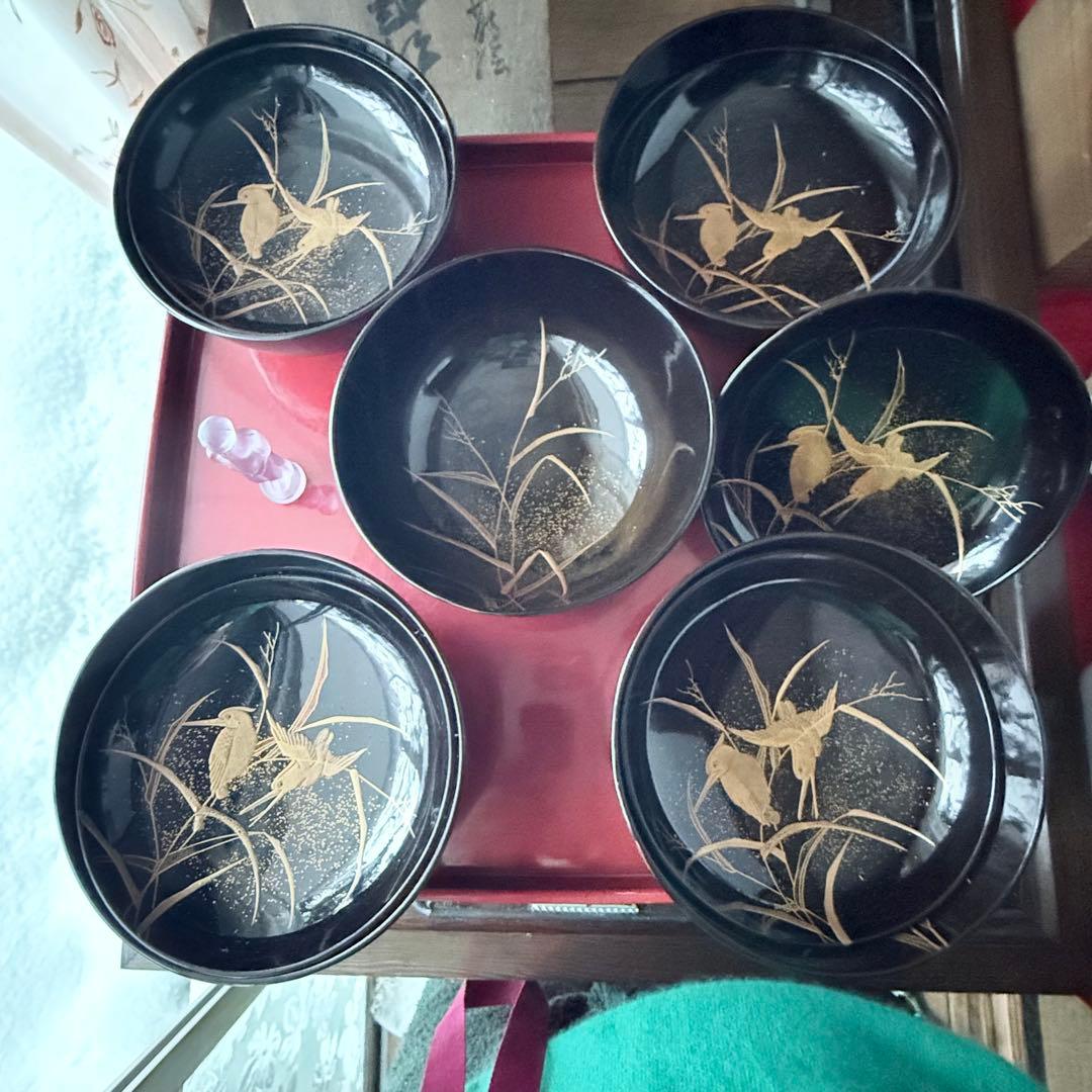 2245様感謝‼️JAPAN蒔絵かわせみ天然木伏蒔絵 芦にかわせみ真塗厚物椀 5客