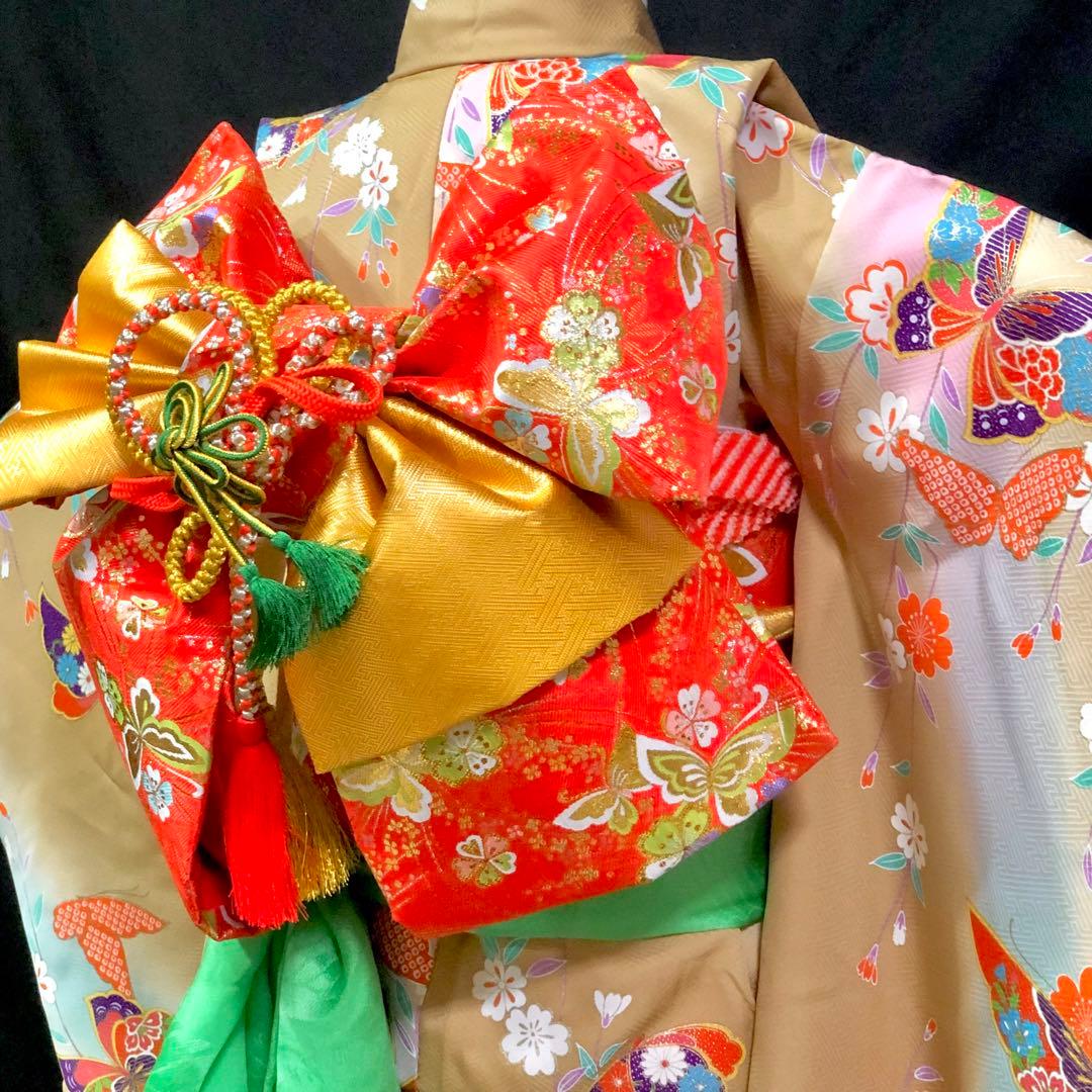 【正絹】七五三　7歳　暈し　舞蝶　四つ身　着物　作り帯　セット　女の子　753