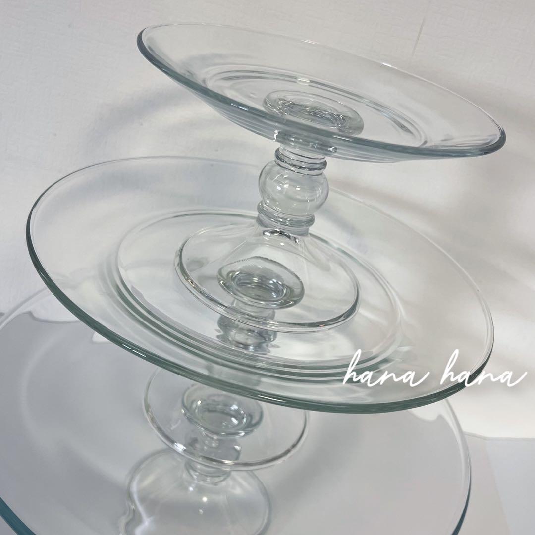 大型 ガラス プレート スタンド 3個 クリア 透明 パーティー デザート 皿