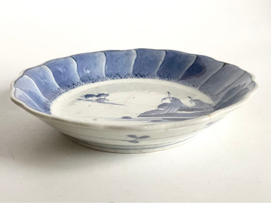 骨董　アンティーク　藍九谷　網干　船文様　輪花皿　小皿　五寸皿　誉印　古伊万里