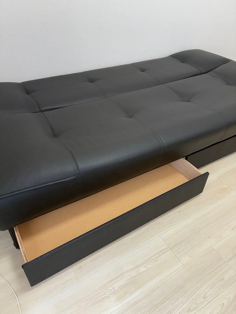 収納付きソファーベッド　シングル　ブラック　合皮