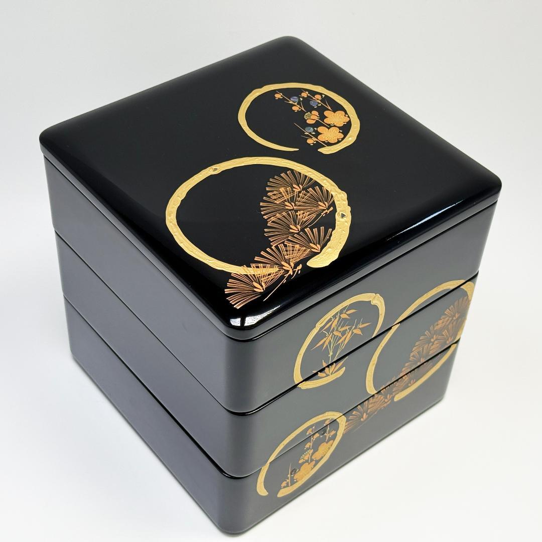 会津塗り 黒本重三段 木製 重箱 6.5