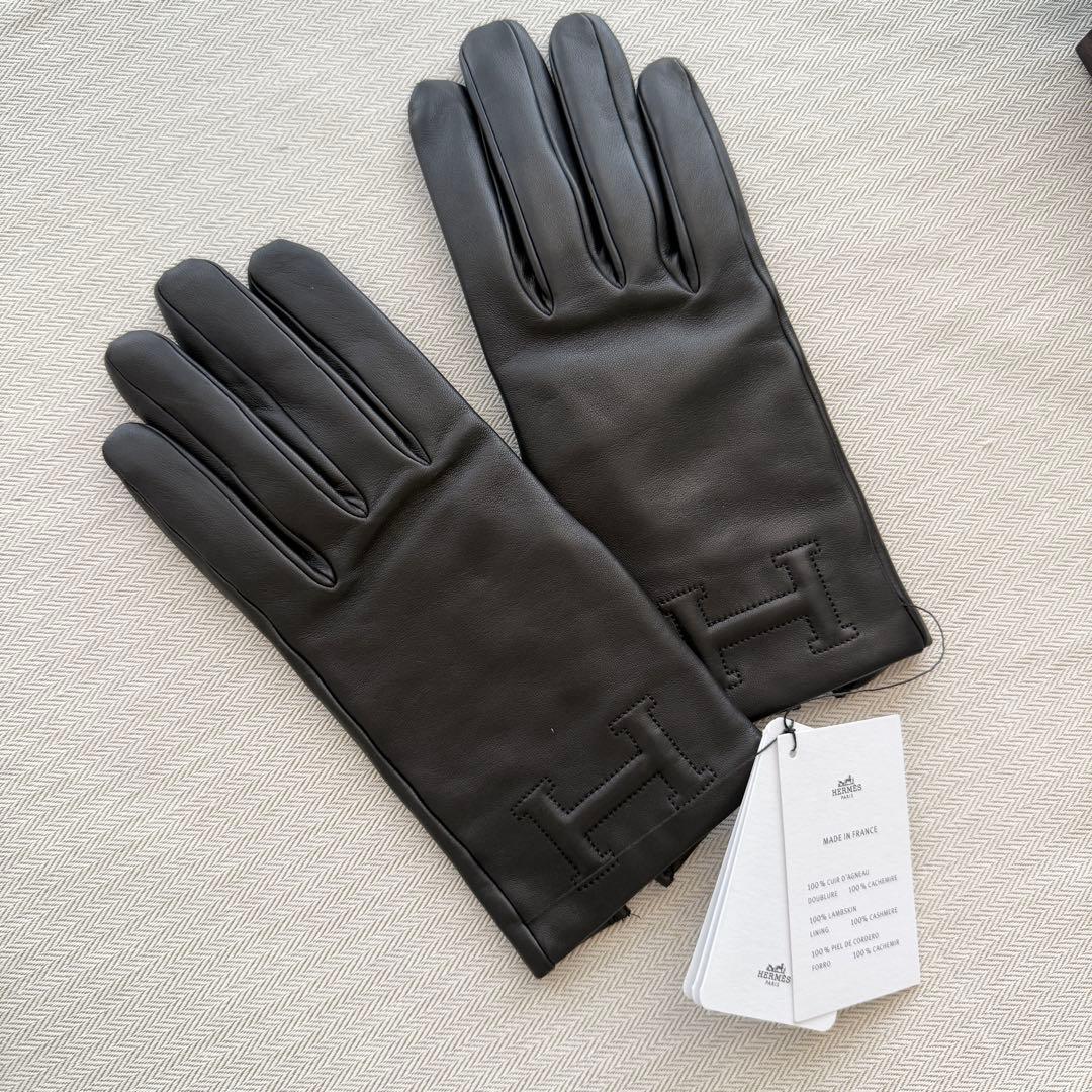 新品未使用★HERMES タグ付き★黒レザー×カシミヤ手袋