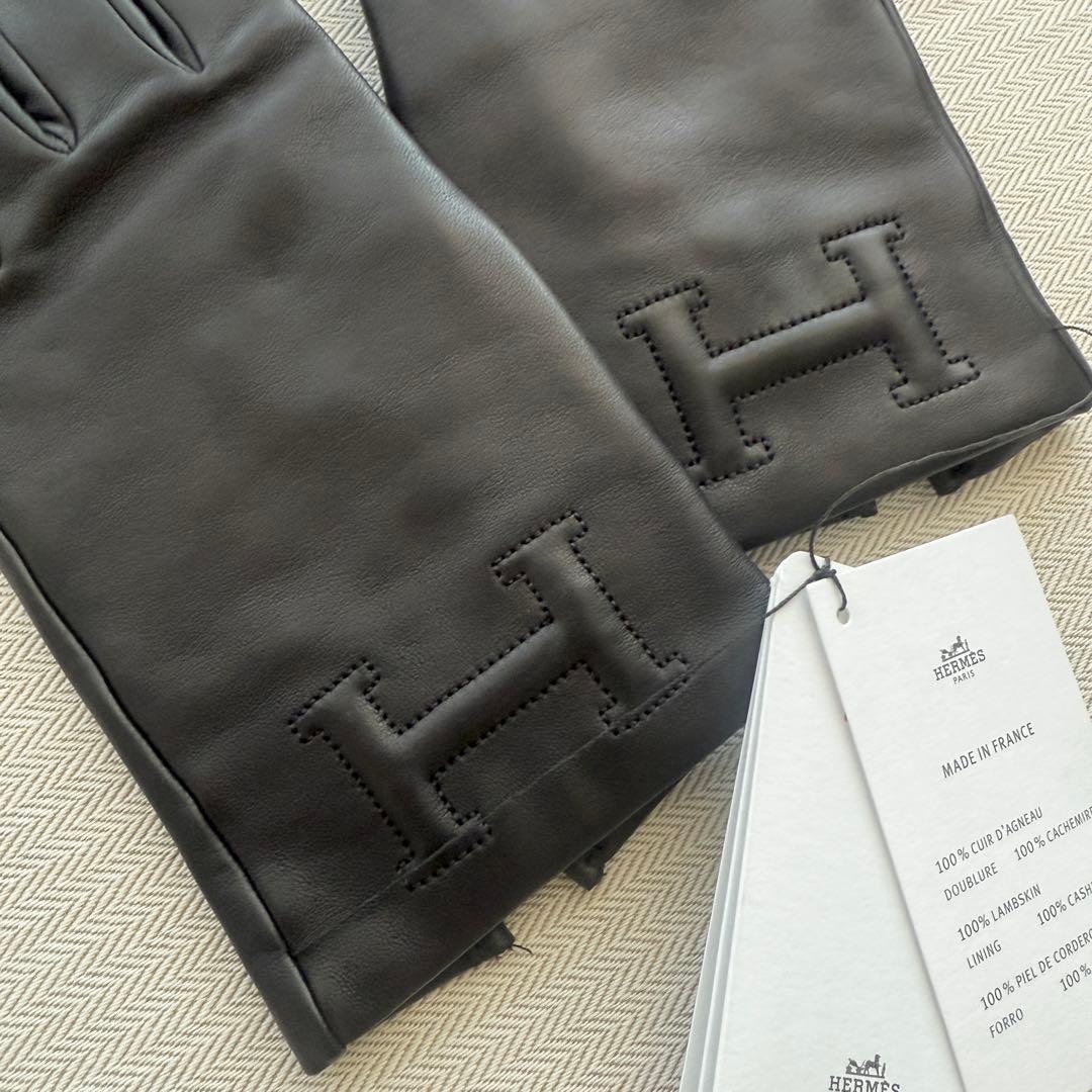 新品未使用★HERMES タグ付き★黒レザー×カシミヤ手袋