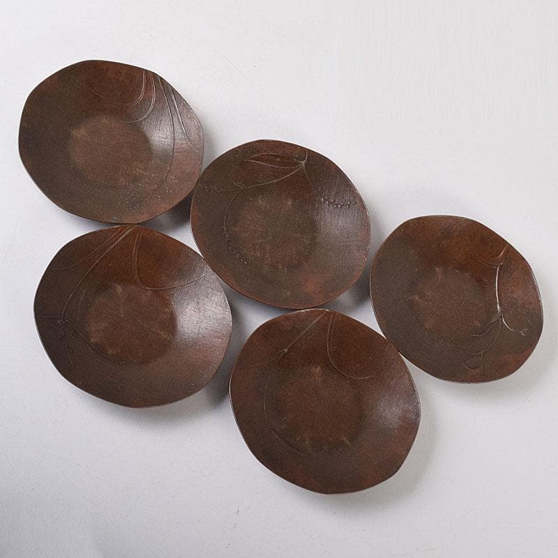 煎茶道具　蝋型鋳銅　正作　草文茶托　五客　共箱　M　R8526