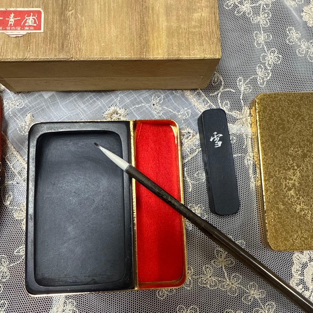 木製 硯箱 筆付き 和風デザイン