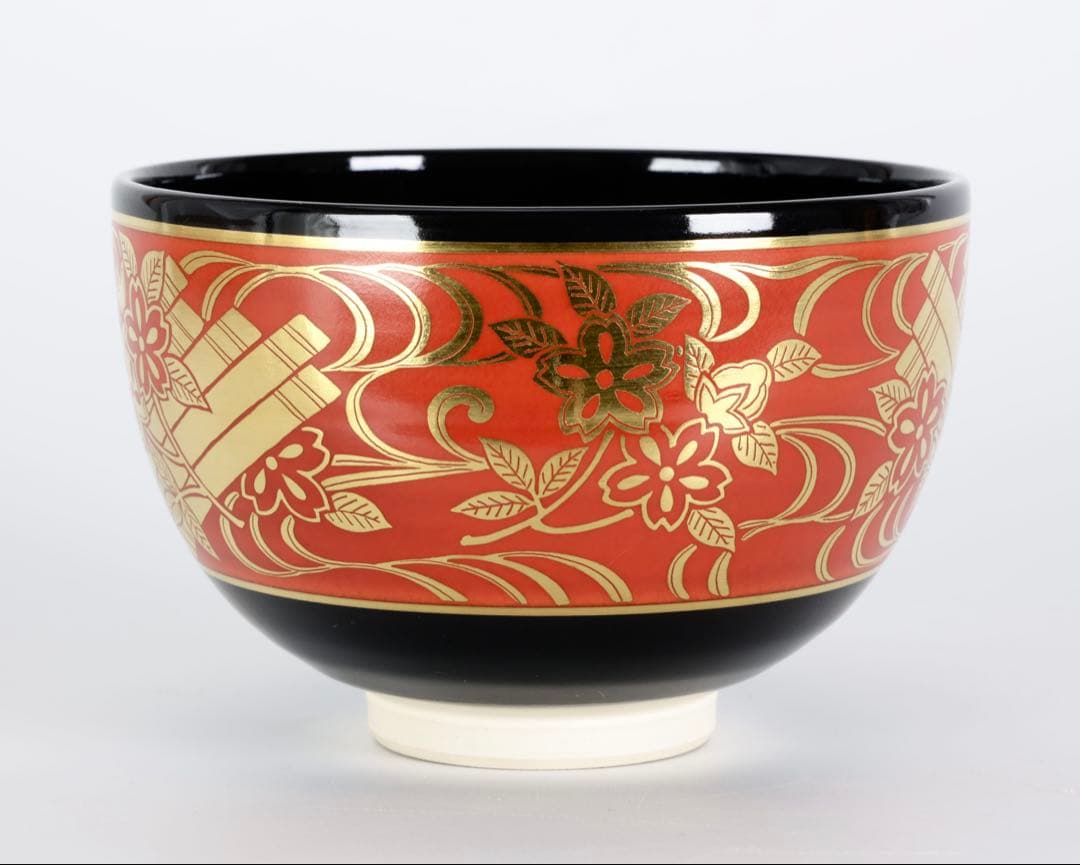 七代 高橋道八 黒釉金襴花筏茶碗 共箱付 京焼 茶道具 抹茶碗 古美術品 骨董品