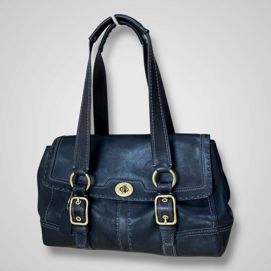 バッグ COACH leather turn lock tote bag black