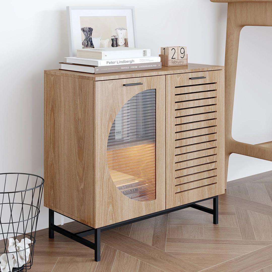 キャビネット サイドボード LEDライト付き 両開き扉収納 木目調 北欧風