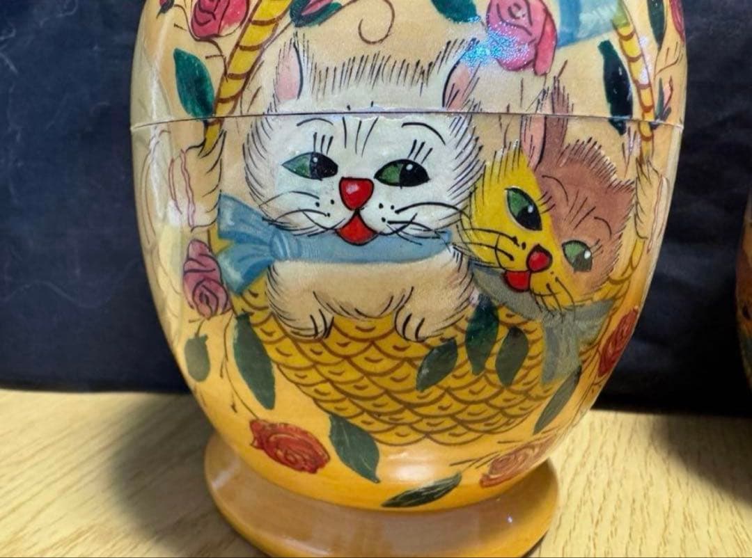 ヴィンテージ ロシア　デザイナーズ　猫と女の子マトリョーシカ　長期保存