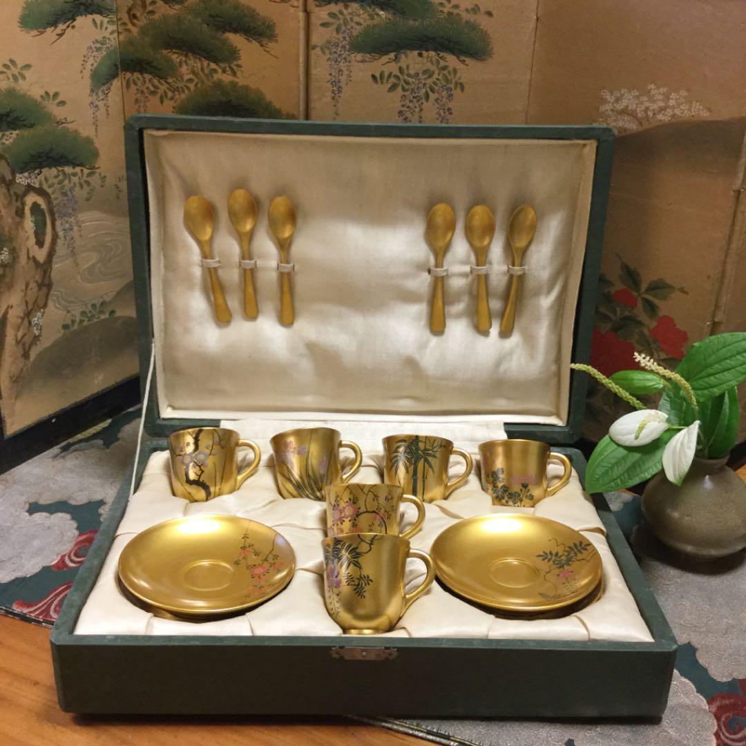 ❣特別出品 極上木製漆 絵替季節の花蒔絵 デミタス6客セット スプーン付