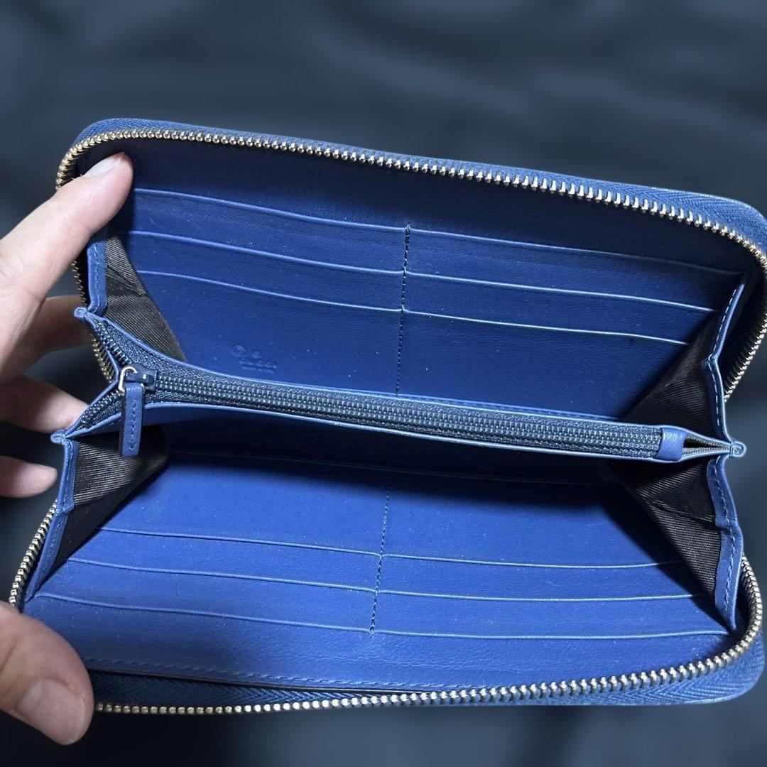 グッチ GGロゴ マイクロシマ 長財布 財布 ラウンドファスナー ブルー 青系