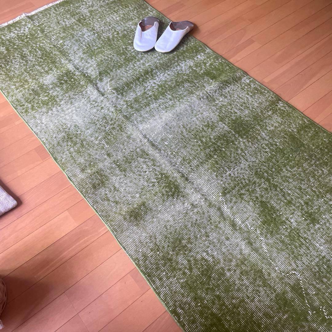 86×209抹茶グリーン　ワンカラーオーバーダイ　匂いありトルコヴィンテージラグ
