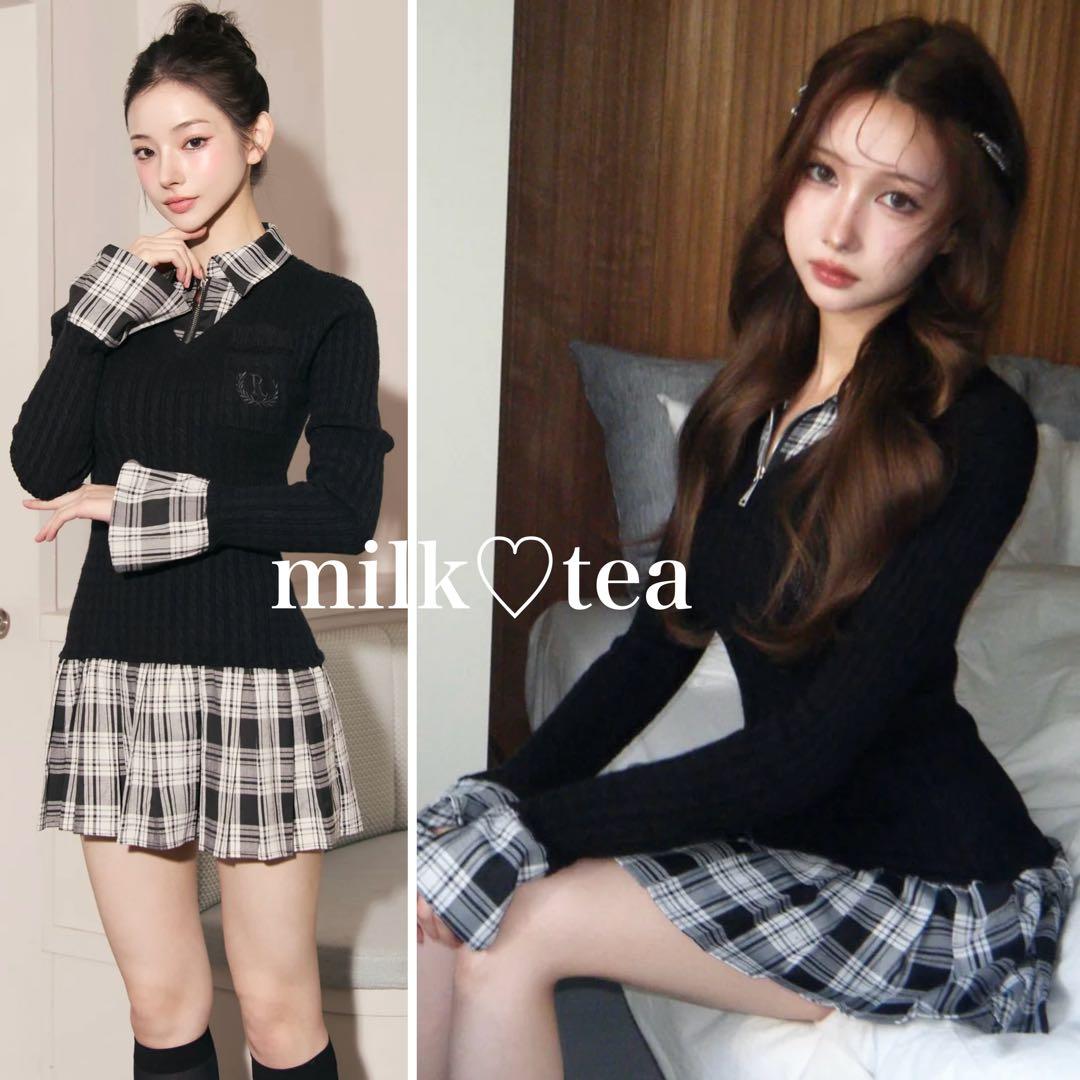 新品タグ付き Randy カービーニットチェックドッキングワンピース ブラック