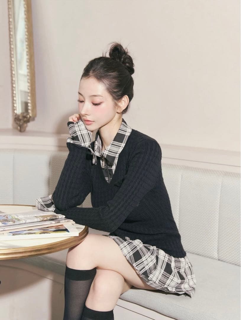 新品タグ付き Randy カービーニットチェックドッキングワンピース ブラック