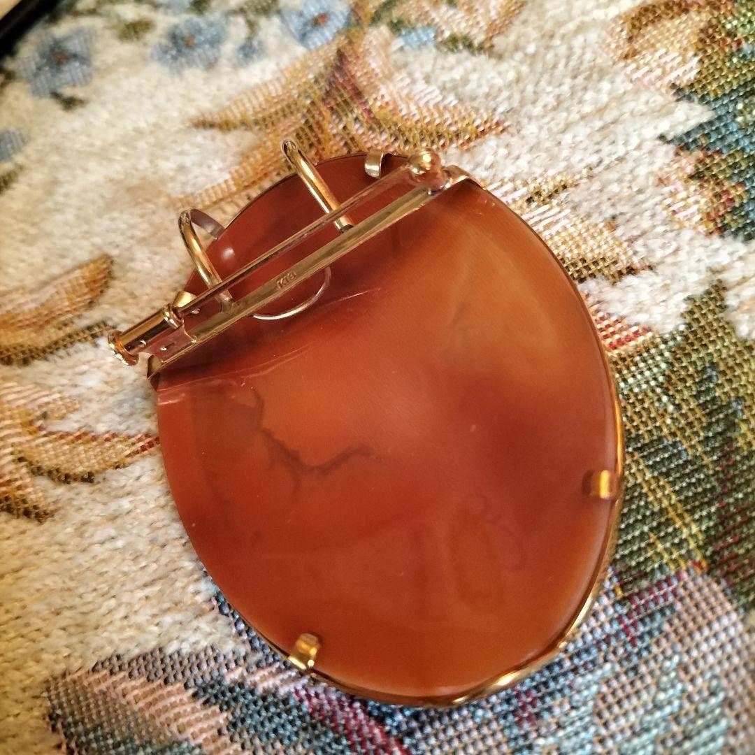 K18カメオ　シェル❛小鳥と少女❜モチーフ　ブローチ・ネックレス両用　他未使用