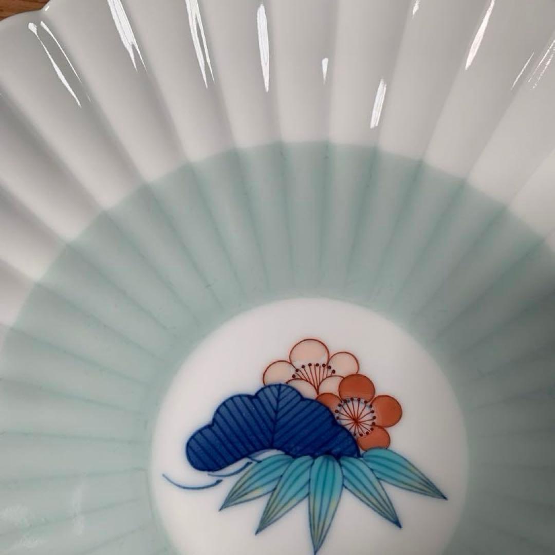 伊万里焼 畑萬陶苑：青磁掛分松竹梅文 菊割6.5寸皿 5枚組セット☆