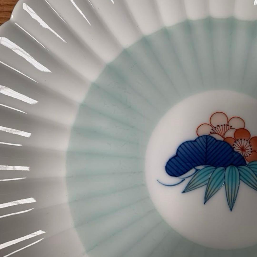 伊万里焼 畑萬陶苑：青磁掛分松竹梅文 菊割6.5寸皿 5枚組セット☆