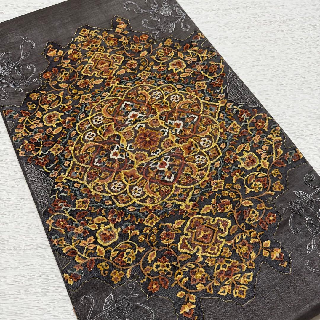 m-91 明綴れ 蘇州・汕頭刺繍　金糸 正絹 袋帯　未使用極美品