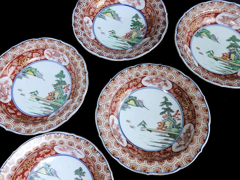 大聖寺伊万里　亀甲紋に金唐草　山水紋の図　５寸皿　５枚　E077AS-CRi