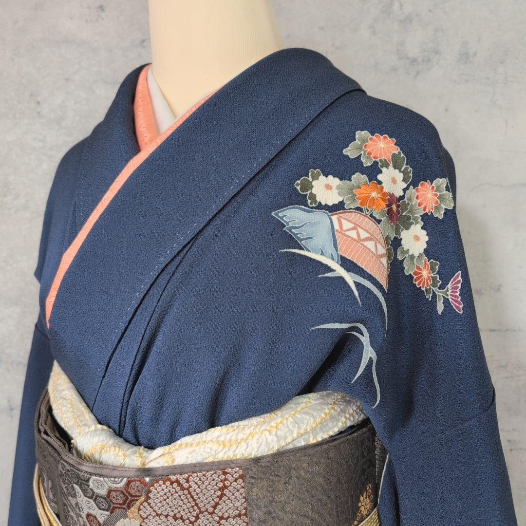 訪問着　フルセット　着物　正絹　青紺　縮緬　刺繍　比翼仕立て　祝い事　E2