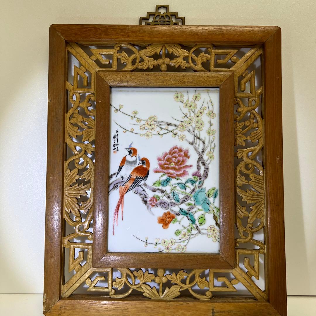 中国美術　粉彩花鳥文陶板画　東Y7-0902⭐︎2Fトヒト