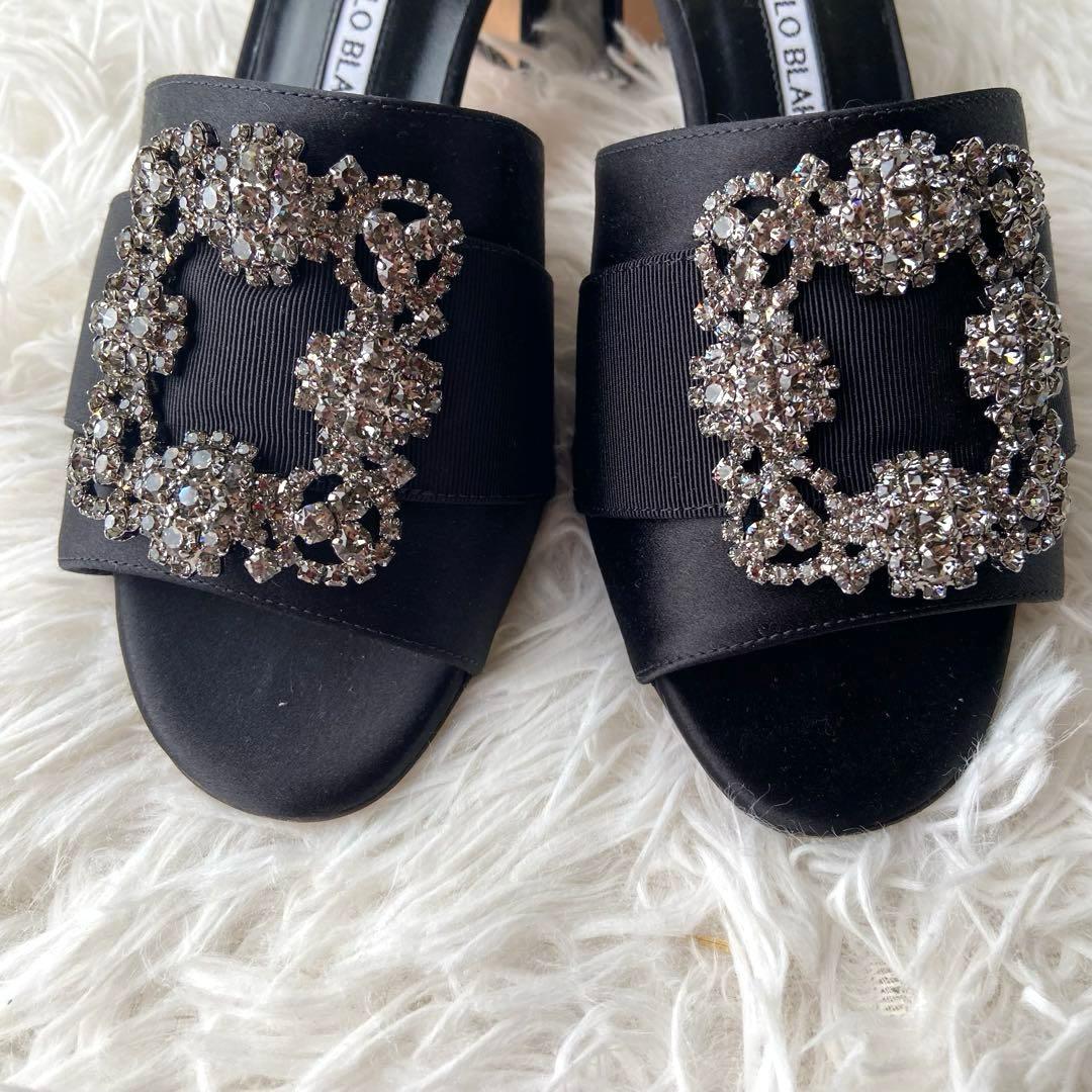 美品✨マノロブラニク サンダル ハンギシ 黒 ビジュー グログランリボン 37
