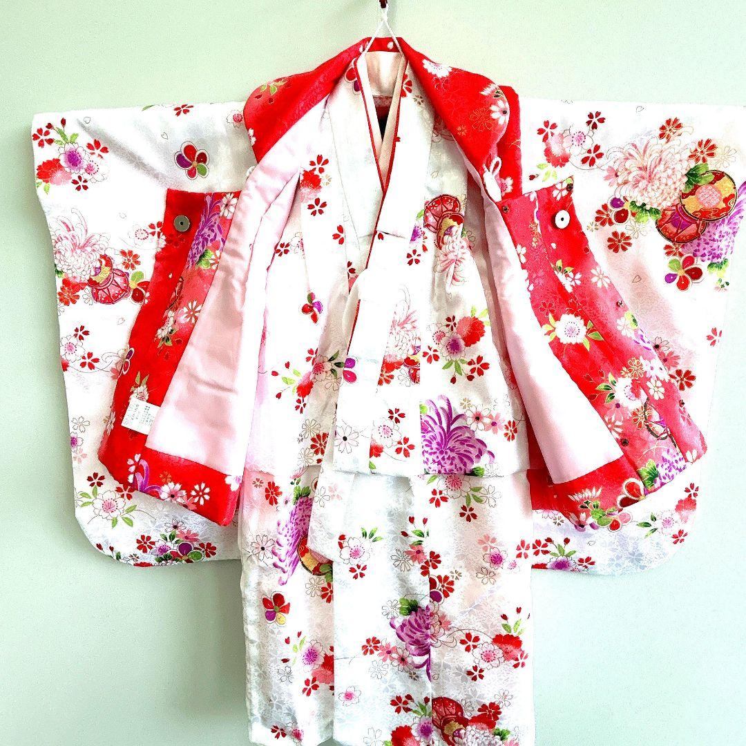 美品　七五三　３歳女の子　長着＆被布＆長襦袢＆小物　白×赤　地紋　桜鼓菊うさぎ