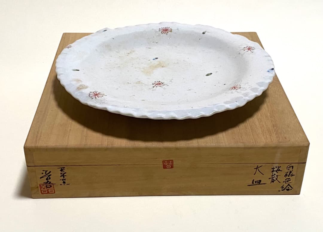岡 晋吾 天平窯　白磁　色絵　桜散文　大皿