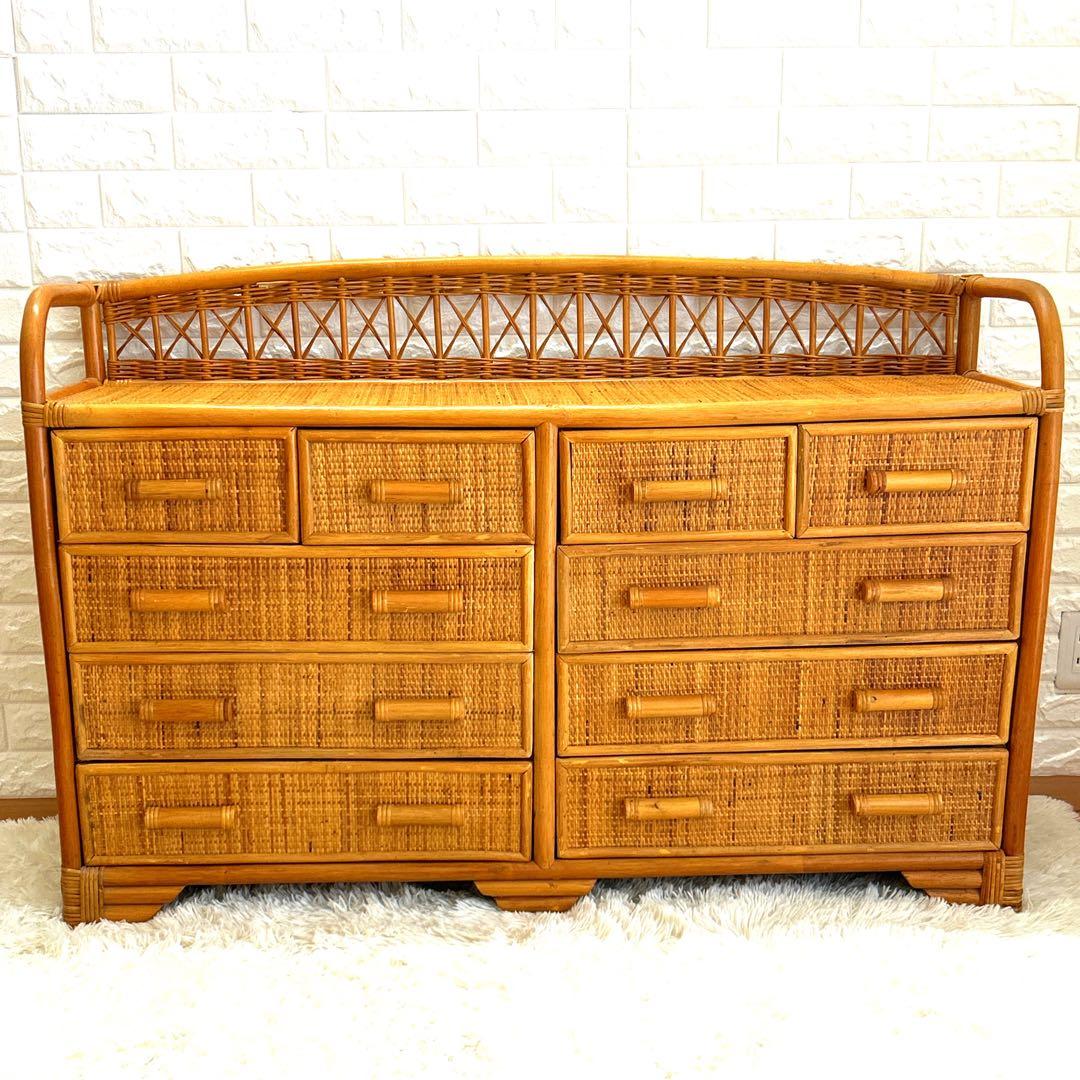 昭和レトロ　ラタンチェスト 4段10杯　籐 ワイド ローチェスト 棚 テレビ台