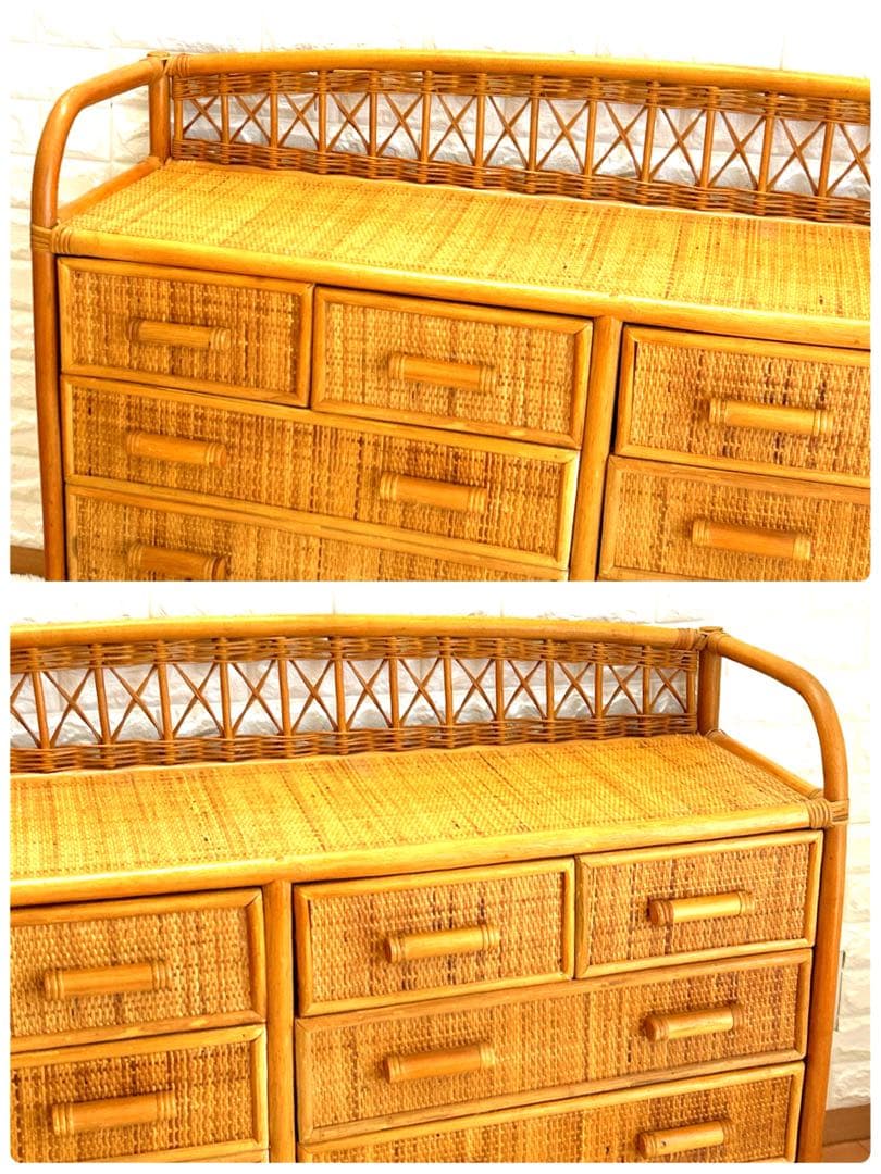 昭和レトロ　ラタンチェスト 4段10杯　籐 ワイド ローチェスト 棚 テレビ台