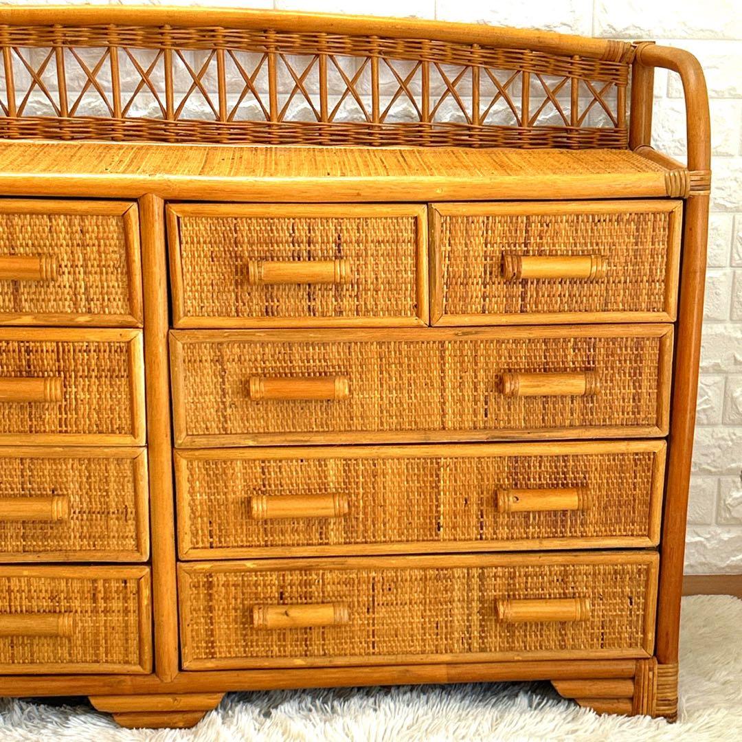 昭和レトロ　ラタンチェスト 4段10杯　籐 ワイド ローチェスト 棚 テレビ台